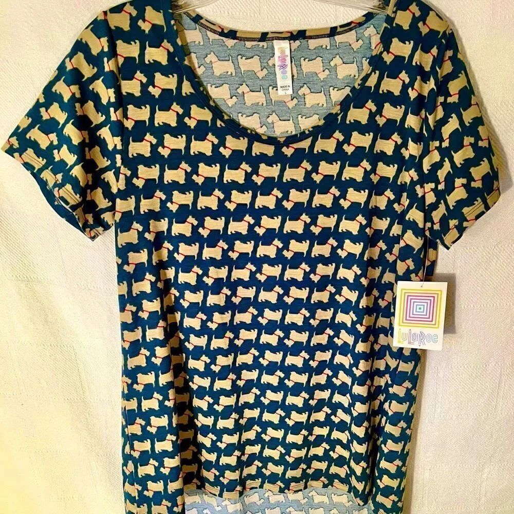 Lularoe Classic Size Small Scotty Dog Blue Grey W Khaki Dog NEW With Tags.